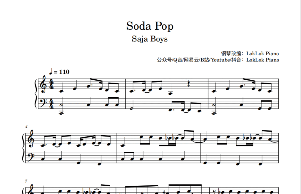 猎魔女团 Soda Pop（汽水）钢琴谱 Saja Boys  男团歌 琴谱 Kpop  Demon Hunters （共2页）-诺可网