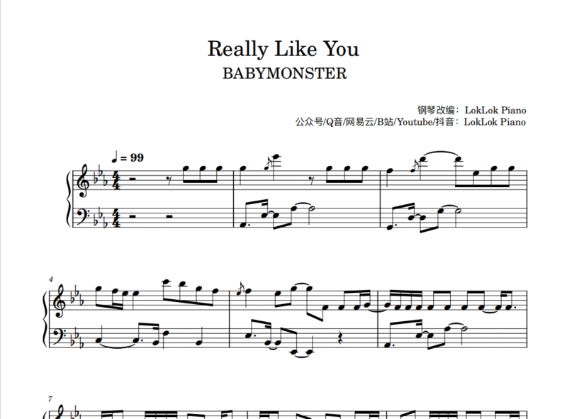 宝怪  Really Like You 钢琴谱  Babymonster 曲谱 独奏琴谱（共5页）-诺可钢琴