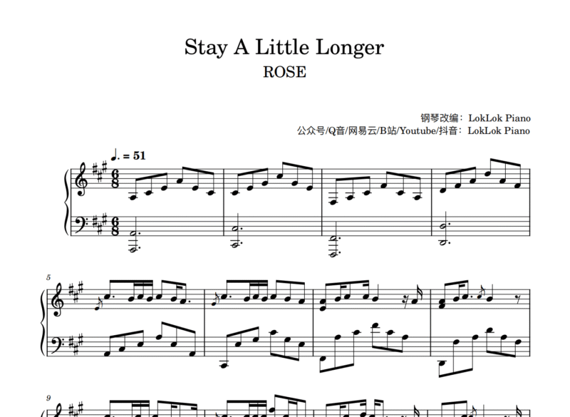 朴彩英 Stay A Little Longer 钢琴谱 ROSÉ 曲谱 琴谱（共5页）-诺可钢琴
