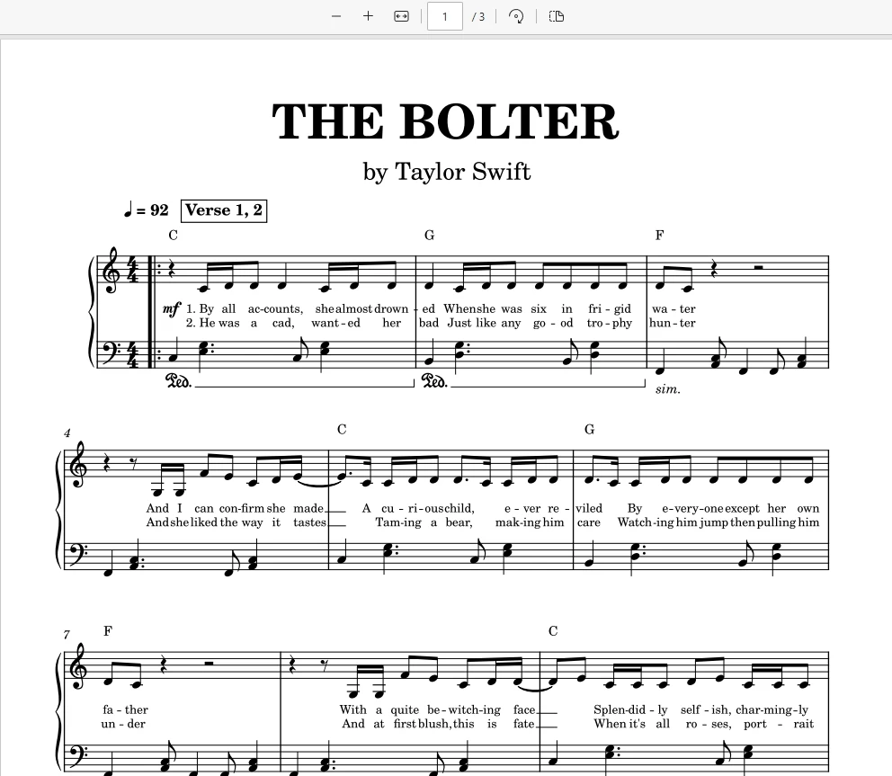 The Bolter - Taylor Swift钢琴版钢琴曲钢琴谱五线谱-诺可钢琴