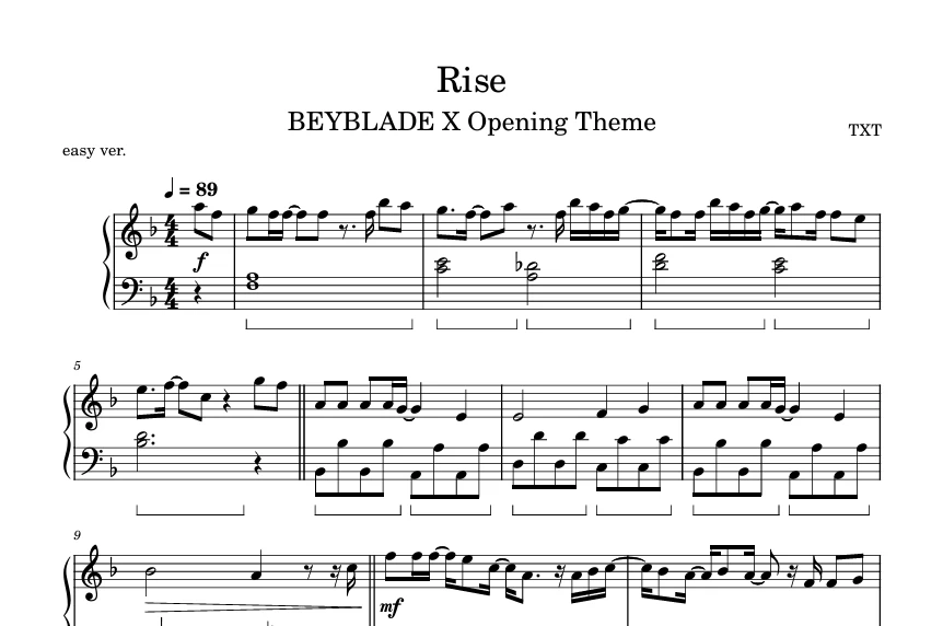 Rise (Beyblade X OP爆旋陀螺动漫)-TXT单曲钢琴谱钢琴曲钢琴版五线谱-诺可钢琴