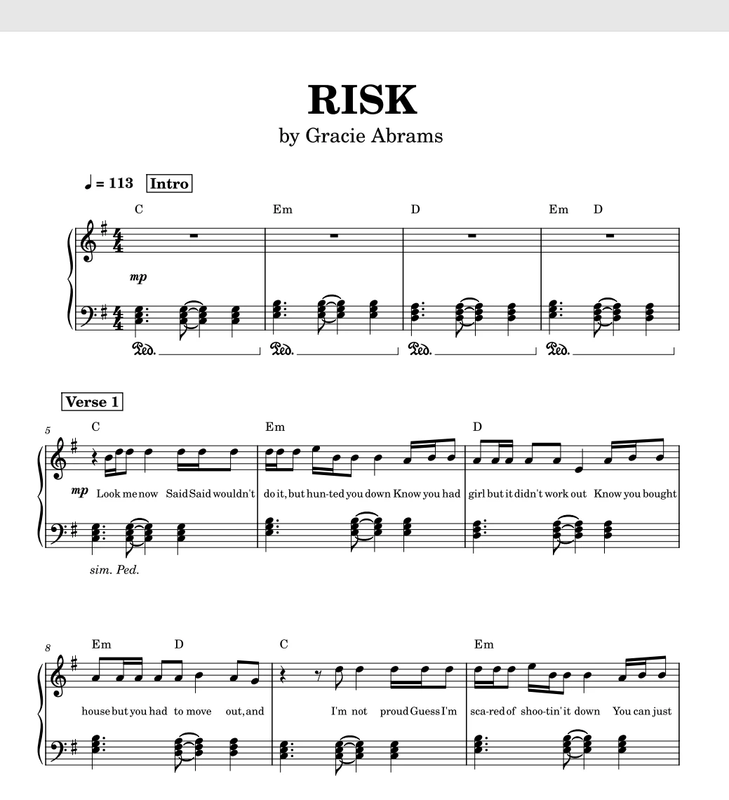 图片[1]-Risk – Gracie Abrams钢琴版钢琴曲钢琴谱五线谱-诺可钢琴