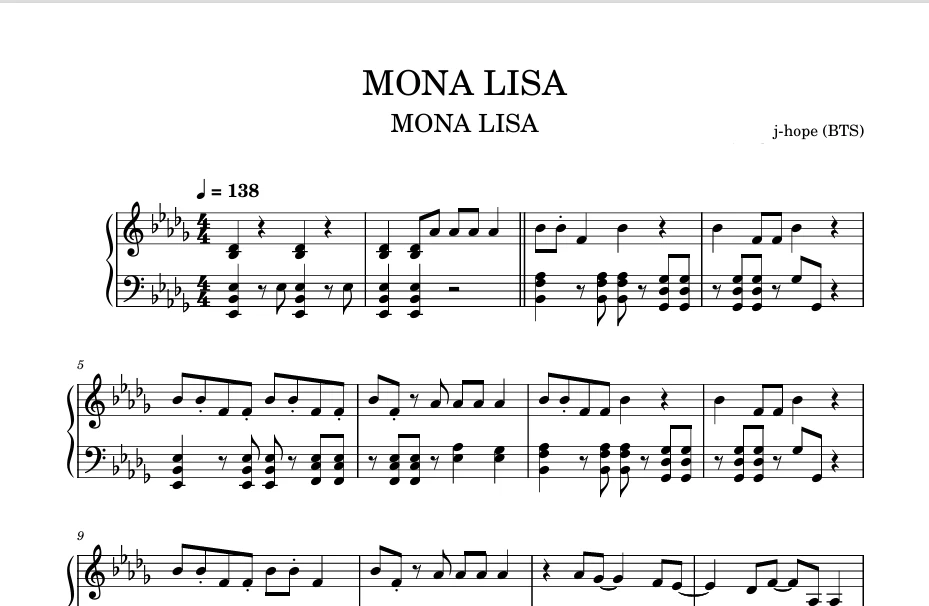 图片[1]-MONA LISA 蒙娜丽莎- BTS j-hope钢琴版钢琴曲钢琴谱五线谱-诺可钢琴