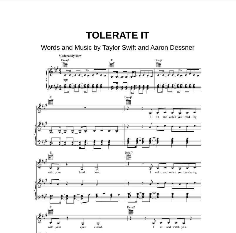 Tolerate It 官方数字原版- Taylor Swift钢琴谱钢琴曲五线谱-诺可钢琴
