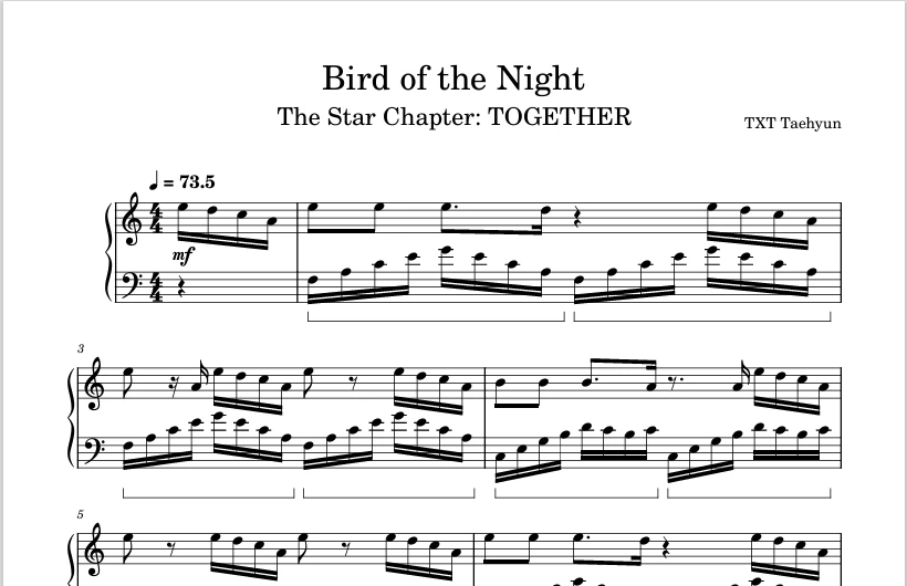 Bird of the Night -TXT Taehyun钢琴版钢琴曲钢琴谱五线谱-诺可钢琴