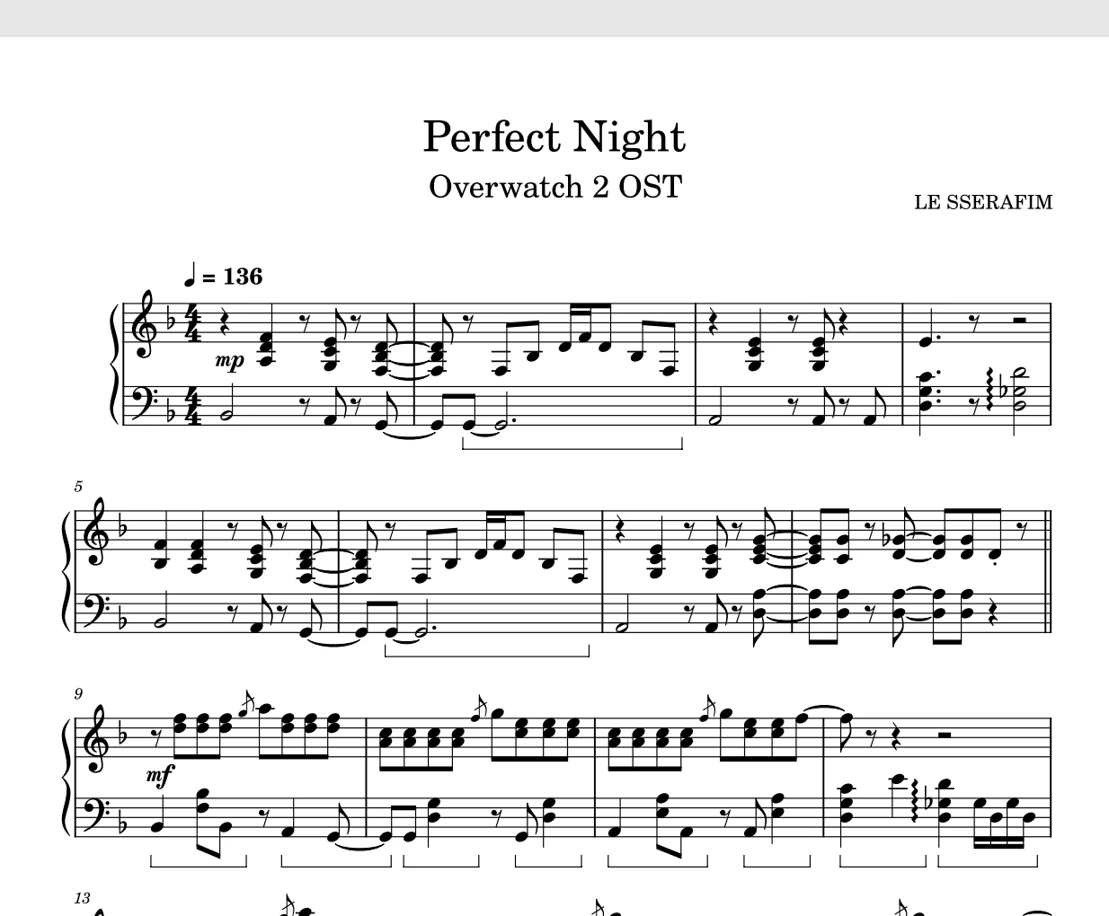 Perfect Night 守望先锋2– LE SSERAFIM钢琴版钢琴曲钢琴谱五线谱-诺可钢琴