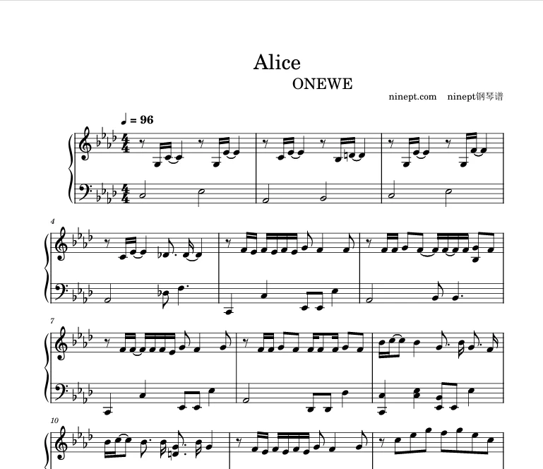 图片[1]-Alice五线谱和简谱 – ONEWE钢琴版钢琴曲钢琴谱-诺可钢琴