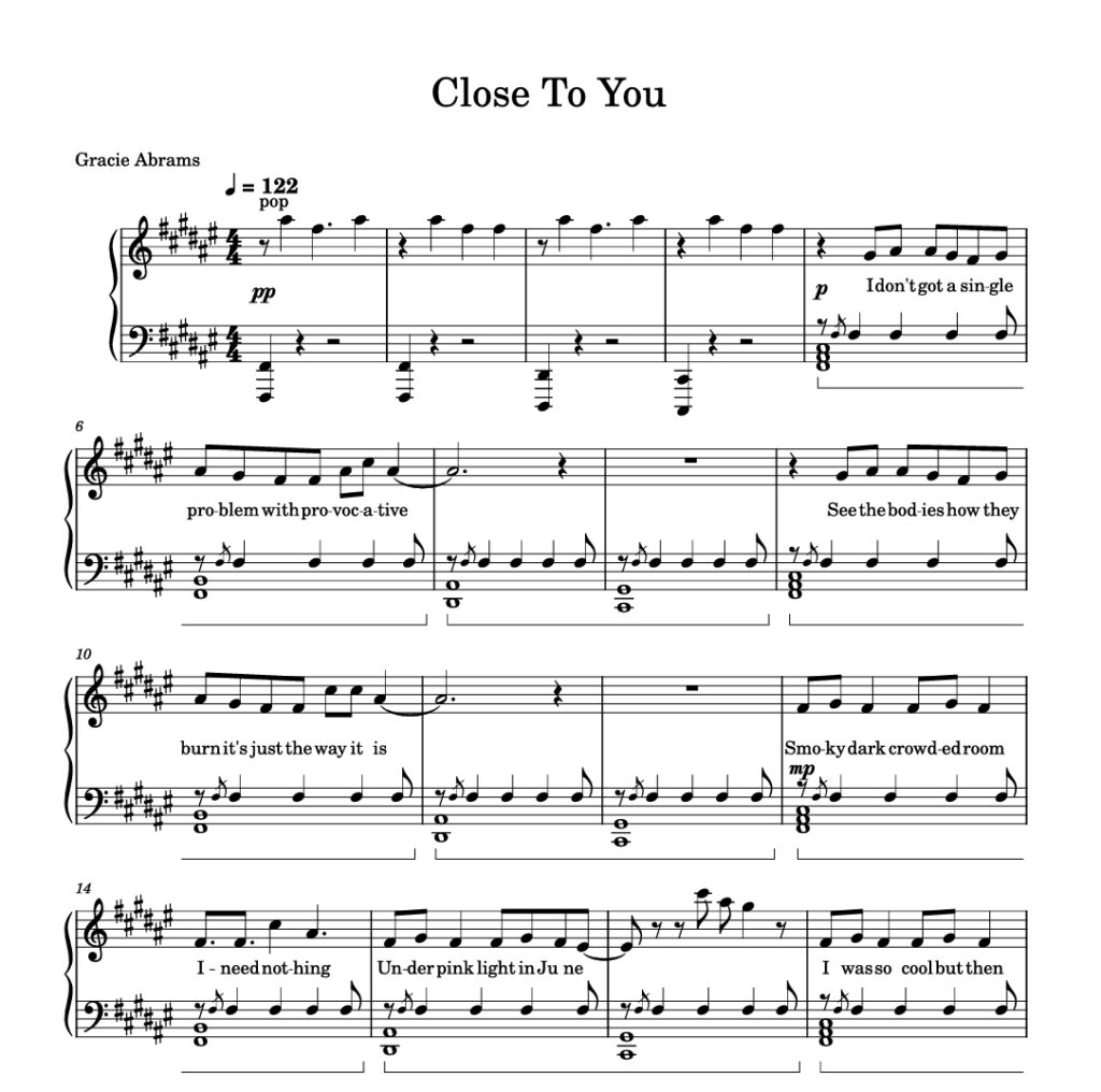 Close To You - Gracie Abrams钢琴曲钢琴谱五线谱钢琴版-诺可钢琴