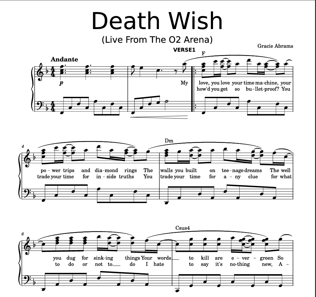 图片[1]-Death Wish – Gracie Abrams钢琴版钢琴曲钢琴谱五线谱-诺可钢琴