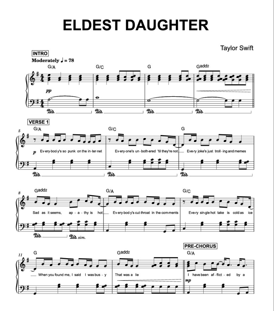 图片[1]-Eldest Daughter – Taylor Swift (Piano带歌词)霉霉新专辑2025年10月钢琴版钢琴曲钢琴谱五线谱-诺可钢琴