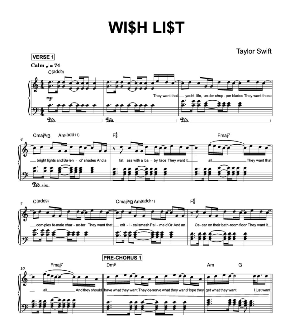 图片[1]-Wi$h Li$t – Taylor Swift (Piano带歌词)霉霉新专辑2025年10月钢琴版钢琴曲钢琴谱五线谱-诺可钢琴
