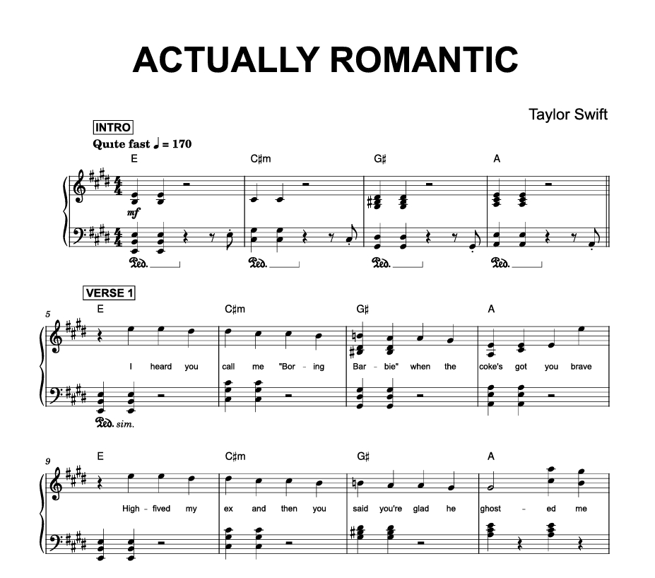 图片[1]-Actually Romantic – Taylor Swift (Piano带歌词)霉霉新专辑2025年10月钢琴版钢琴曲钢琴谱五线谱-诺可钢琴