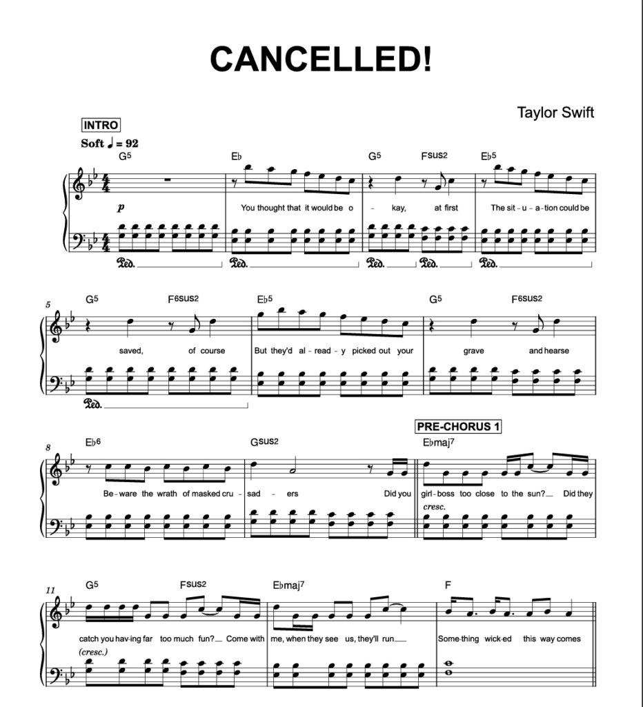 图片[1]-CANCELLED! – Taylor Swift (Piano带歌词)霉霉新专辑2025年10月钢琴版钢琴曲钢琴谱五线谱-诺可钢琴
