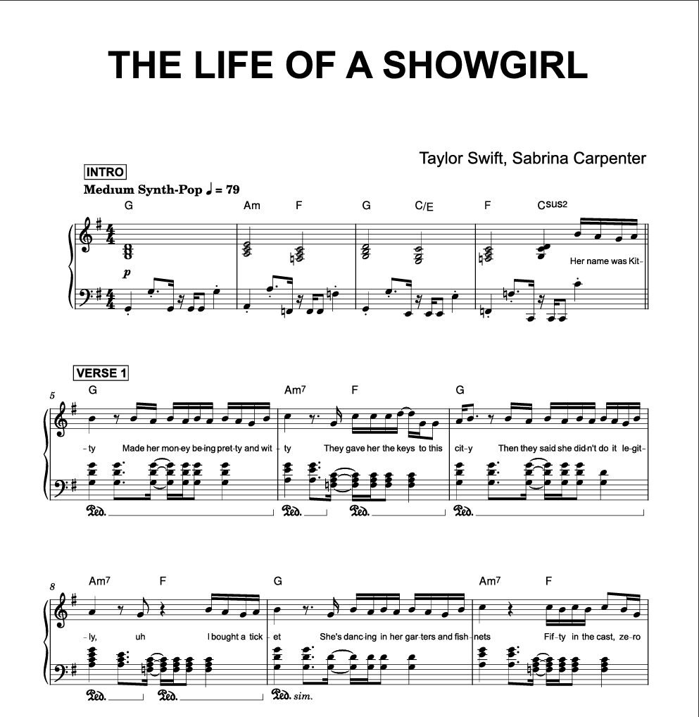 图片[1]-The Life of a Showgirl – Taylor Swift, Sabrina Carpenter (Piano带歌词)霉霉新专辑2025年10月钢琴版钢琴曲钢琴谱五线谱-诺可钢琴