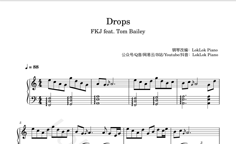 图片[1]-Drops FKJ feat. TOM BAILEY 钢琴谱  曲谱 独奏琴谱（共2页）