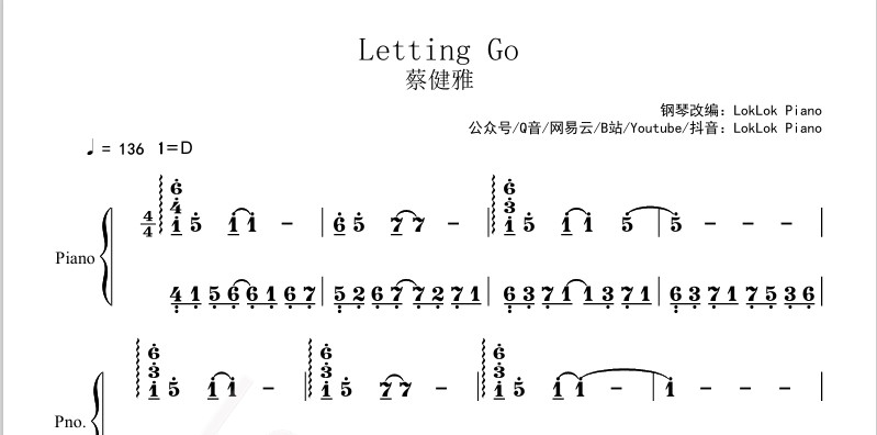 图片[2]-Letting Go 蔡健雅 钢琴简谱 数字简谱 乐谱 曲谱 完整版 高还原  曲谱 独奏琴谱（共2页）