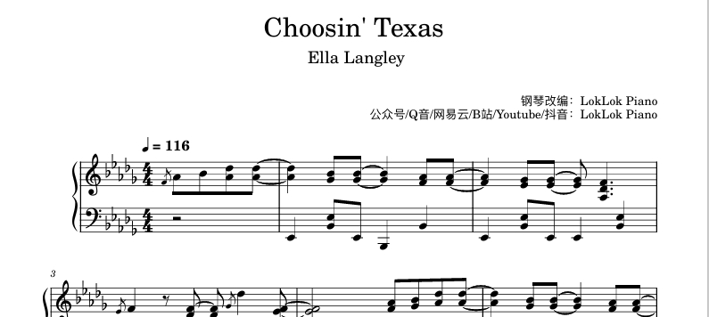 图片[1]-Choosin' Texas Ella Langley   钢琴谱 乐谱  曲谱 Ella Langley 钢琴谱  曲谱 独奏琴谱（共6页）高还原