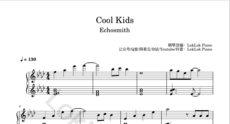 图片[1]-全网首发 Cool Kids  钢琴谱 Echosmith曲谱 独奏琴谱（共3页）