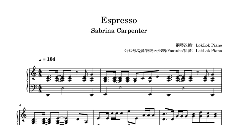 图片[1]-Espresso   钢琴谱  Sabrina Carpenter曲谱 独奏琴谱（共4页）
