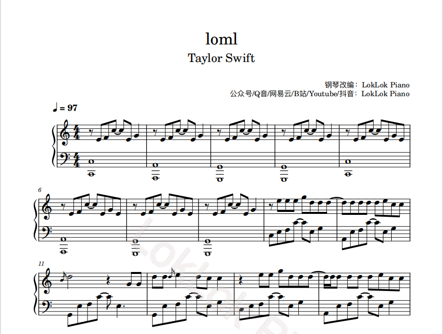 图片[1]-loml 钢琴谱 乐谱 曲谱 霉霉 taylor swift 钢琴谱  曲谱 独奏琴谱（共4页）高还原