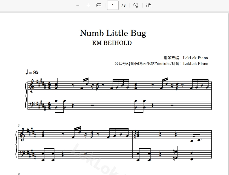 图片[1]-Numb Little Bug - Em Beihold 钢琴简谱 数字简谱 乐谱 曲谱 完整版 高还原  曲谱 独奏琴谱（共3页）