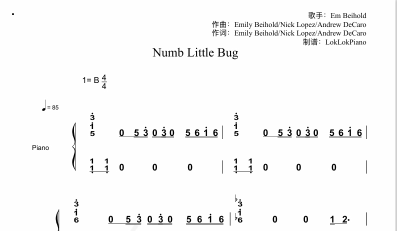 Numb Little Bug - Em Beihold 钢琴简谱 数字简谱 乐谱 曲谱 完整版 高还原 曲谱 独奏琴谱(共3页)