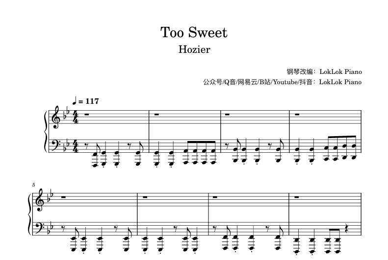 图片[1]-Too Sweet - Hozier 钢琴简谱 数字简谱 乐谱 曲谱 完整版 高还原  曲谱 独奏琴谱（共3页）