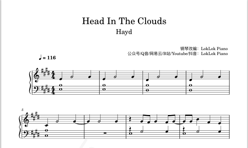 图片[1]-Head in the Clouds - Hayd 钢琴简谱 数字简谱 乐谱 曲谱 完整版 高还原  曲谱 独奏琴谱（共5页）