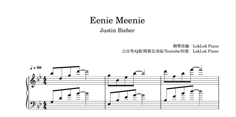 图片[1]-Eenie Meenie - Justin Bieber钢琴谱  曲谱 琴谱（共4页）