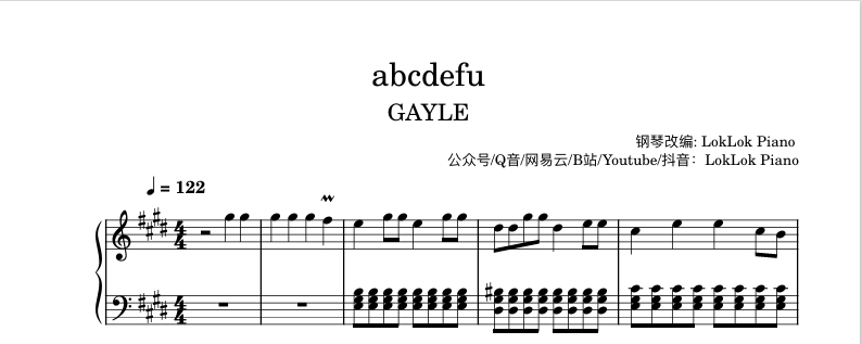 图片[1]-abcdefu  Gayle  钢琴谱 乐谱  曲谱 Gayle  钢琴谱  曲谱 独奏琴谱（共1页）高还原
