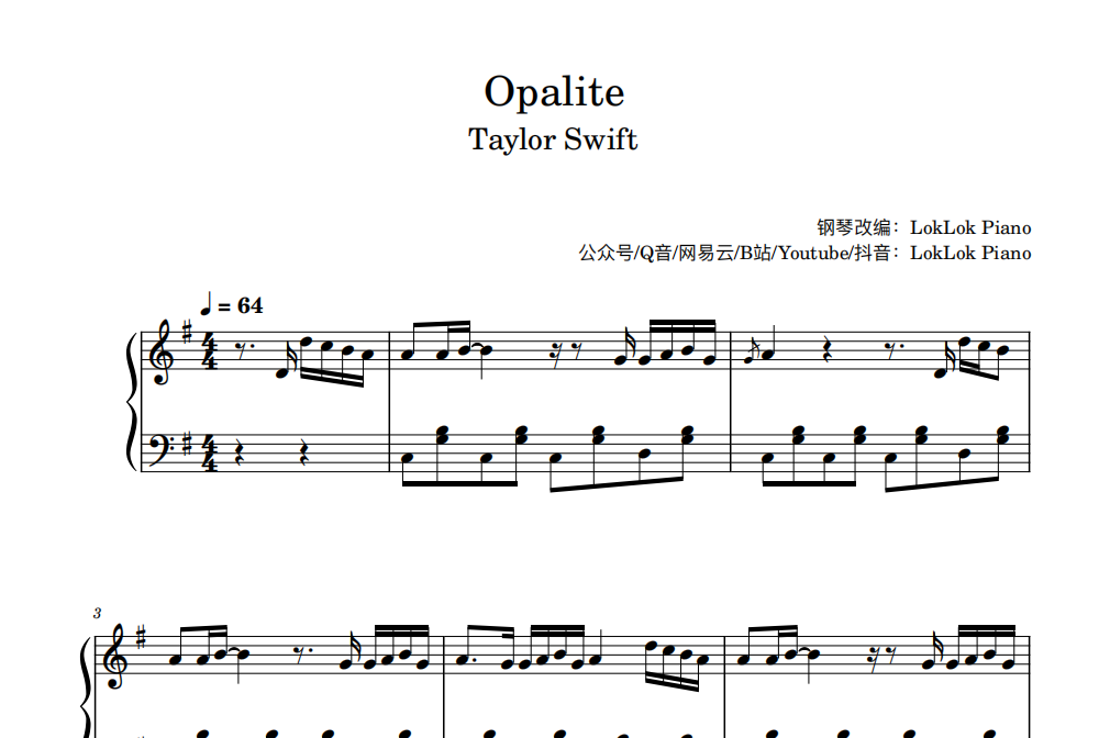 图片[1]-Opalite 钢琴谱 乐谱 曲谱 霉霉 taylor swift 钢琴谱  曲谱 独奏琴谱（共5页）高还原