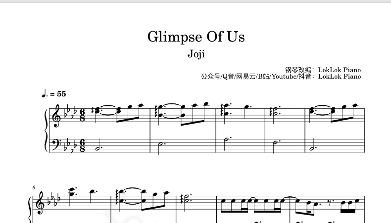 图片[1]-Glimpse of Us 钢琴谱  Joji 曲谱 独奏琴谱（共4页）