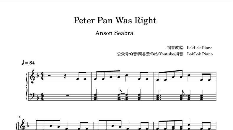 图片[1]-Peter Pan was Right 钢琴谱 乐谱 曲谱 Anson Seabra 钢琴谱  曲谱 独奏琴谱（共2页）高还原