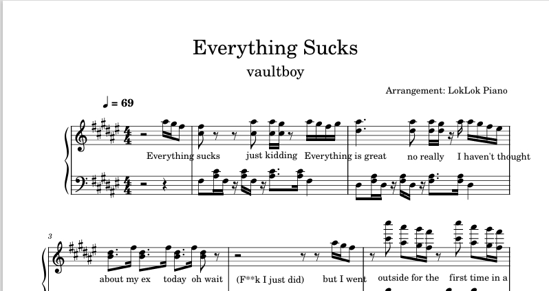 图片[1]-全网首发 Everything Sucks  Vaultboy 钢琴谱 曲谱 独奏琴谱（共1页）