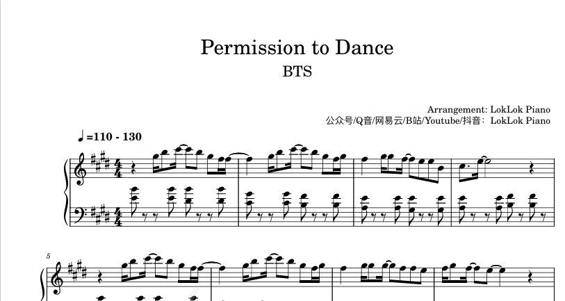 图片[1]-Permission to Dance  BTS（防弹少年团） 钢琴谱  BTS（防弹少年团） 曲谱 独奏琴谱（共6页）