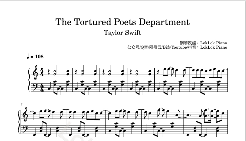 图片[1]-The Tortured Poets Department  Taylor Swift 钢琴谱 乐谱  曲谱 霉霉  钢琴谱  曲谱 独奏琴谱（共4页）高还原