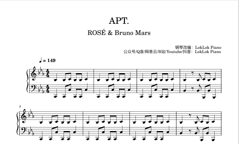 图片[1]-ROSÉ & Bruno Mars  APT钢琴谱 朴彩英曲谱 琴谱（共4页）