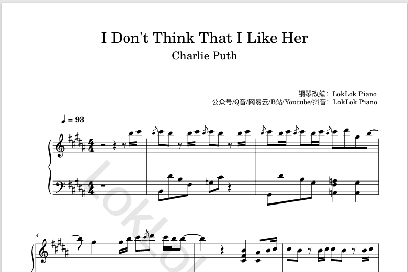 图片[1]-I Don’t Think That I Like Her  Charlie Puth钢琴谱  曲谱 琴谱（共3页）