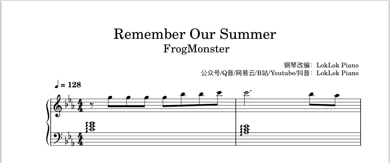 图片[1]-Remember Our Summer  钢琴谱 乐谱 曲谱 FrogMonster 钢琴谱  曲谱 独奏琴谱（共3页）高还原
