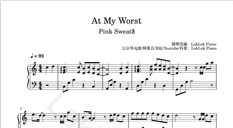 图片[1]-At My Worst  Pink Sweat$ 钢琴谱  曲谱 独奏琴谱（共3页）