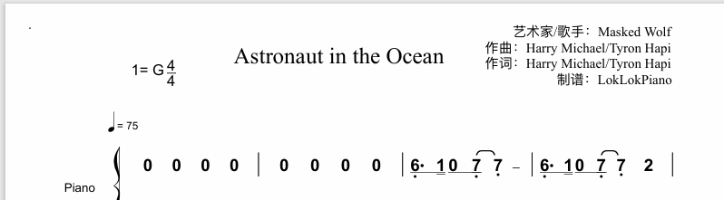图片[2]-全网首发 Astronaut in the Ocean - Masked Wolf 钢琴谱 曲谱 独奏琴谱（共1页）
