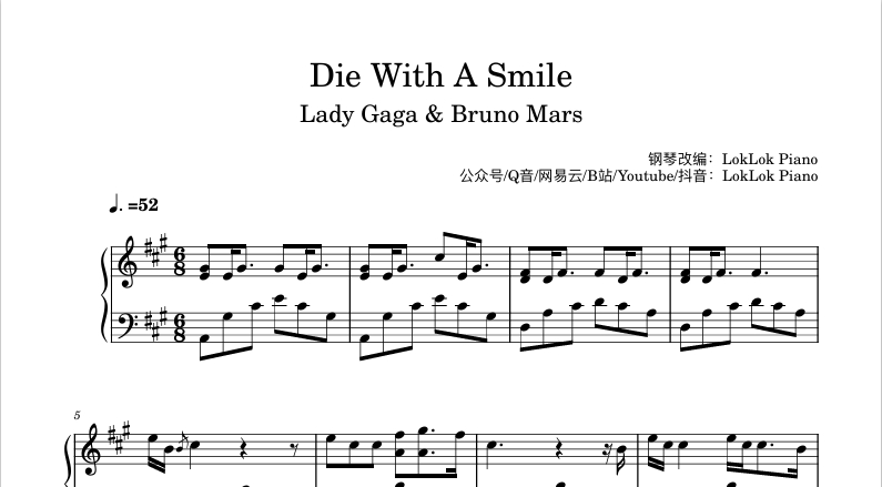 图片[1]-Die With A Smile  Lady Gaga, Bruno Mars钢琴简谱 数字简谱 乐谱 曲谱 完整版 高还原  曲谱 独奏琴谱（共5页）