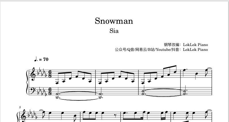 图片[1]-Snowman  Sia钢琴谱  曲谱 琴谱（共4页）