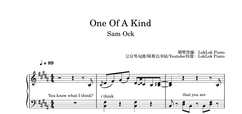 图片[1]-One Of A Kind 钢琴谱 乐谱  曲谱 Sam Ock 钢琴谱  曲谱 独奏琴谱（共2页）高还原