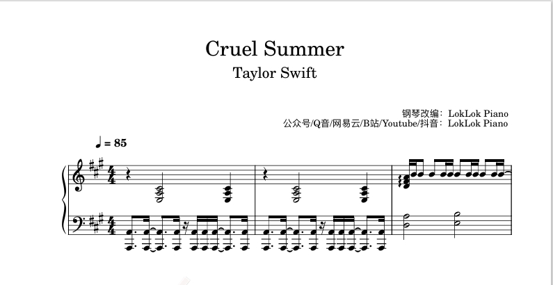 图片[1]-Cruel Summer（残夏）  Taylor Swift 钢琴谱 乐谱 曲谱 霉霉 taylor swift 钢琴谱  曲谱 独奏琴谱（共5页）高还原