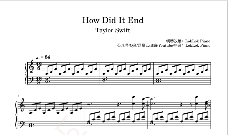 图片[1]-How Did It End  Taylor Swift 钢琴谱 乐谱 长女 曲谱 霉霉  钢琴谱  曲谱 独奏琴谱（共4页）高还原