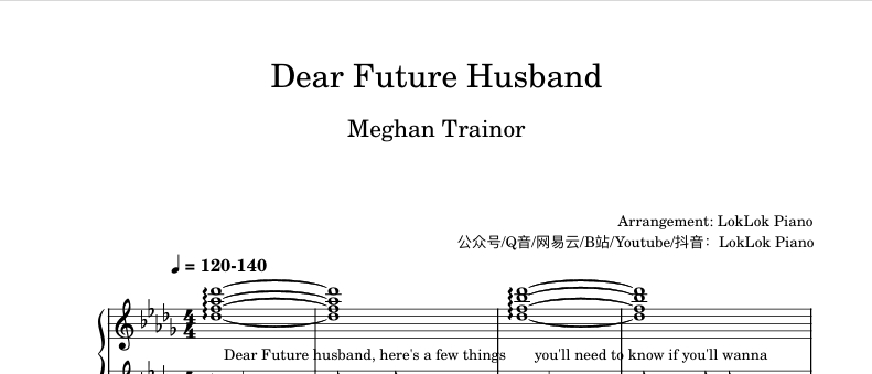 图片[1]-Dear Future Husband   钢琴谱  Meghan Trainor曲谱 独奏琴谱（共4页）