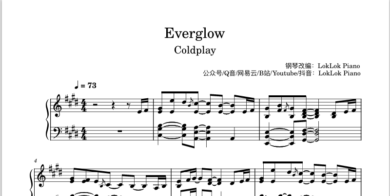 图片[1]-Everglow  Coldplay （酷玩乐队） 钢琴谱  曲谱 独奏琴谱（共3页）