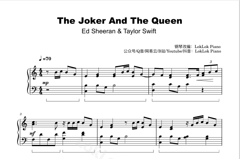 图片[1]-The Joker And The Queen  Taylor Swift 钢琴谱 乐谱  曲谱 霉霉  钢琴谱  曲谱 独奏琴谱（共4页）高还原