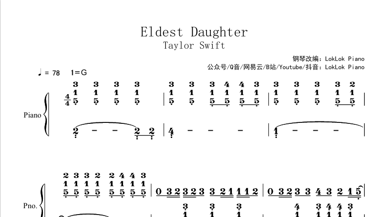 图片[2]-Eldest Daughter 钢琴谱 乐谱 长女 曲谱 霉霉 taylor swift 钢琴谱  曲谱 独奏琴谱（共5页）高还原